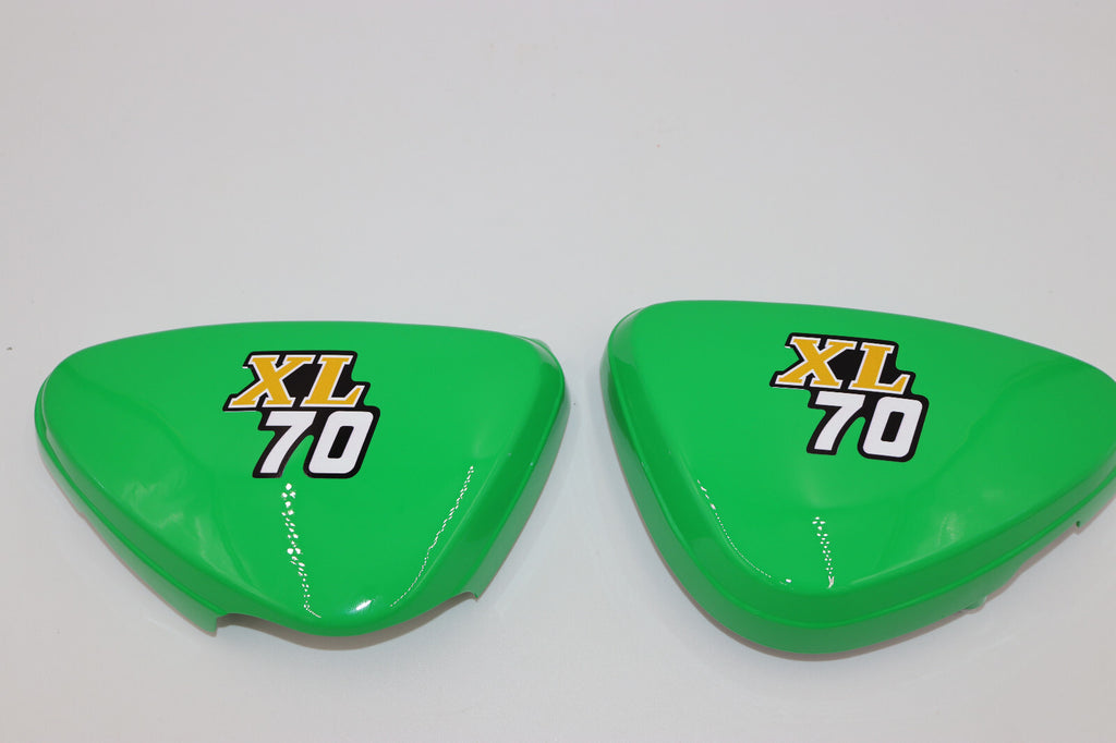 1976 Honda XL70 Frame Side Covers Reproduction Plastic MIGHTY GREEN with Decals