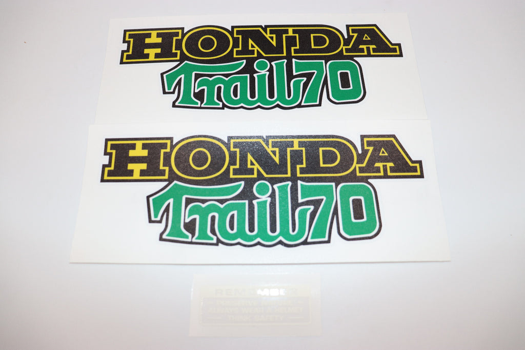 1974 Honda CT70 Main Frame Decal (Green Trail70 Letters) Set With Safety Decal