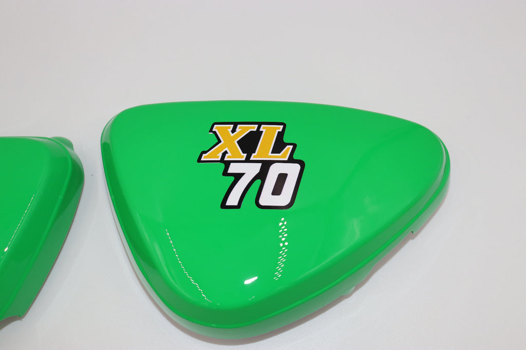1976 Honda XL70 Frame Side Covers Reproduction Plastic MIGHTY GREEN with Decals