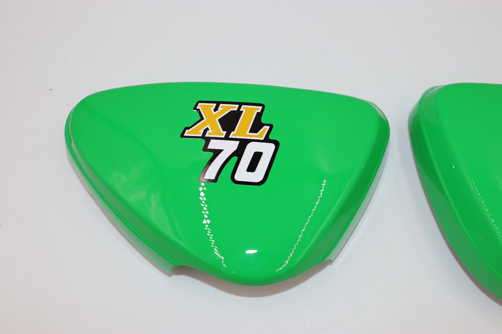 1976 Honda XL70 Frame Side Covers Reproduction Plastic MIGHTY GREEN with Decals